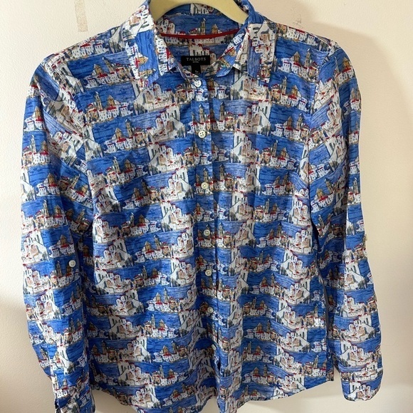 Talbots Blue Mediterranean Greece Travel Button Front Shirt size small petite - Picture 1 of 5